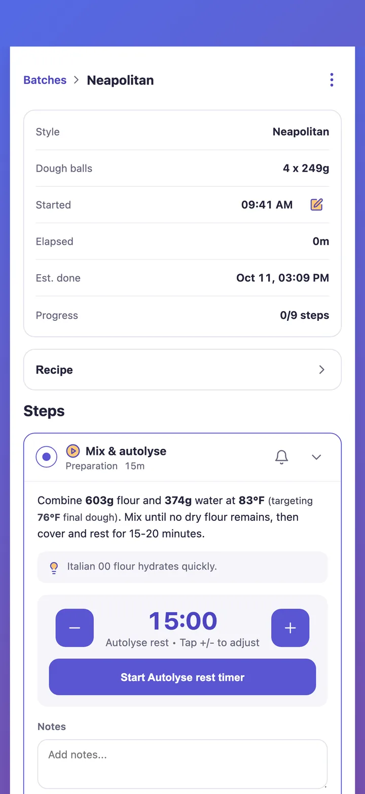 PizzaLogic's batch tracker with a step-by-step schedule and timer