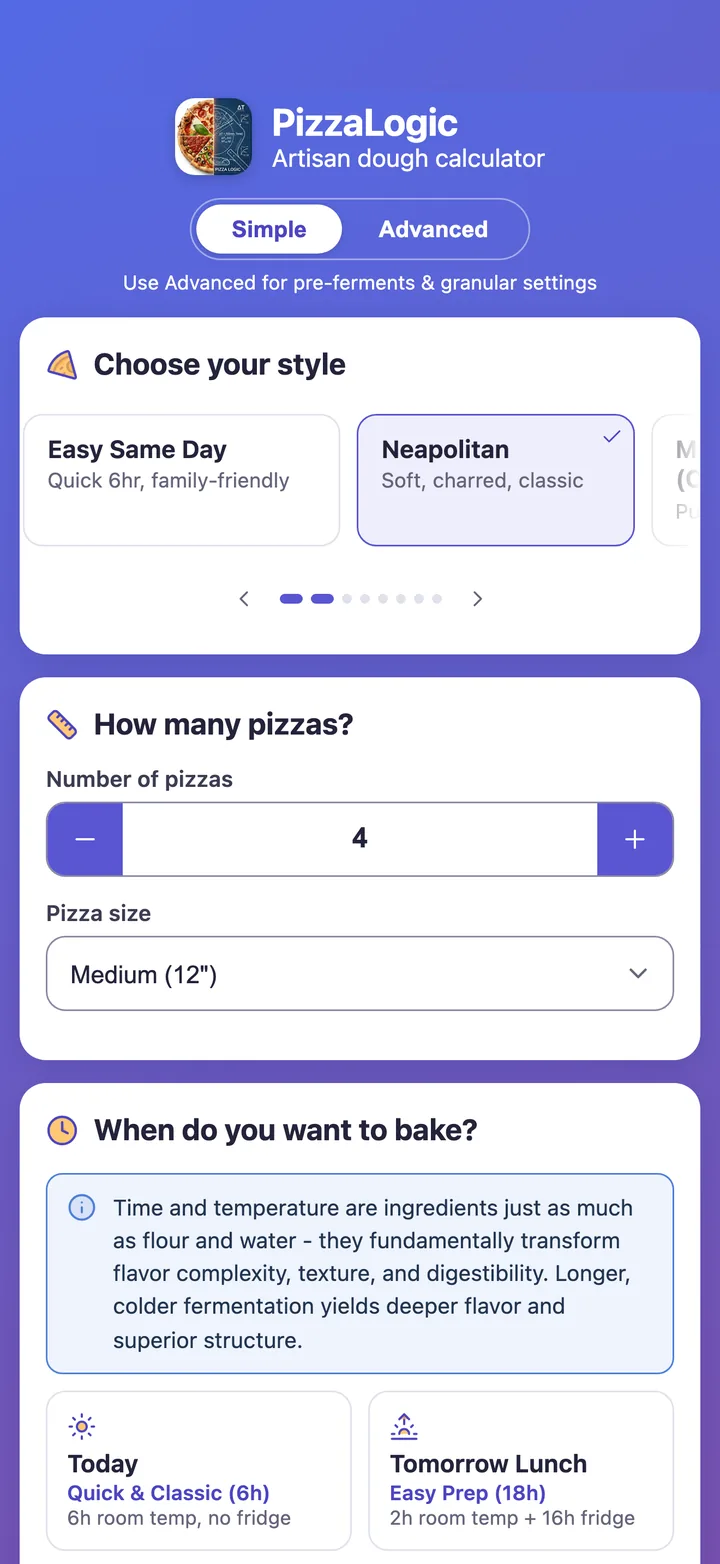 PizzaLogic's dough calculator: choose a style, number of pizzas, and when to bake